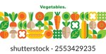 Vegetables.Abstract geometric banner template.Set of simple icons in flat style.Elements isolated on white background.Organic food.Vector illustration.