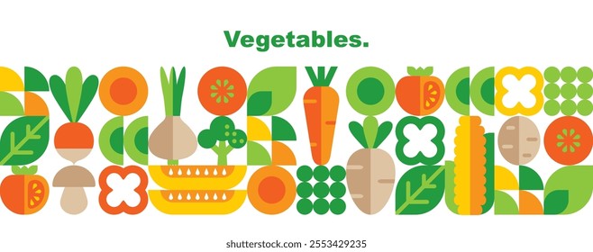 Vegetables.Abstract geometric banner template.Set of simple icons in flat style.Elements isolated on white background.Organic food.Vector illustration.