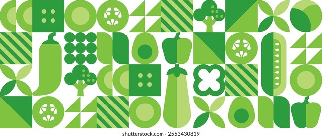 Vegetables.Abstract geometric seamless pattern.Set of simple icons in flat style.Zucchini, cucumber, pepper, avocado, broccoli.Organic food.Elements isolated on white background. Vector illustration.
