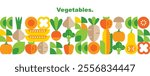 Vegetables.Banner template.Abstract geometric seamless pattern.Organic.Pumpkin, radish, tomato, corn, potato.Set of simple icons in flat style.Elements isolated on white background.Vector illustration
