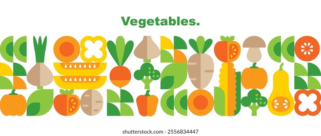 Vegetables.Banner template.Abstract geometric seamless pattern.Organic.Pumpkin, radish, tomato, corn, potato.Set of simple icons in flat style.Elements isolated on white background.Vector illustration