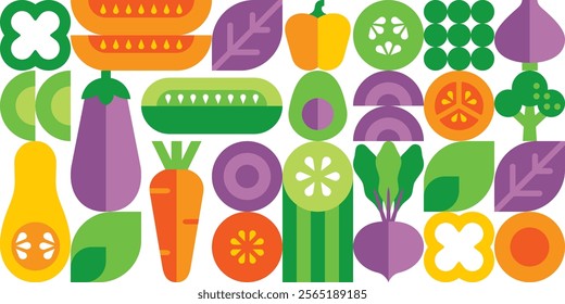 Vegetables.Seamless pattern in abstract geometric flat style. Organic food, eco, bio.Set of simple icons. Modern background.Vector illustration. Pumpkin, zucchini, cucumber, beets, eggplant.