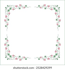 Vegetal floral frame with clover leaves and pink flowers, decorative corners for greeting cards, banners, business cards, invitations, menus. Isolated vector illustration.	
