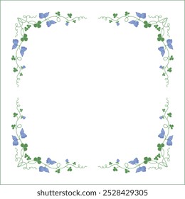 Vegetal floral frame with clover leaves and blue flowers, decorative corners for greeting cards, banners, business cards, invitations, menus. Isolated vector illustration.	
