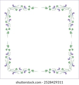 Vegetal floral frame with clover leaves and purple flowers, decorative corners for greeting cards, banners, business cards, invitations, menus. Isolated vector illustration.	
