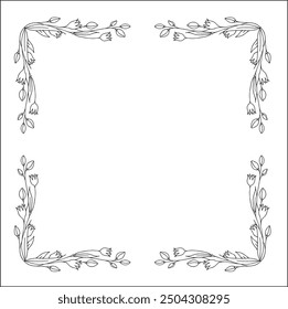 Vegetal floral frame with leaves and flowers, decorative corners for greeting cards, banners, business cards, invitations, menus. Isolated vector illustration.	
