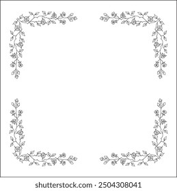 Vegetal floral frame with leaves and rose flowers, decorative corners for greeting cards, banners, business cards, invitations, menus. Isolated vector illustration.	