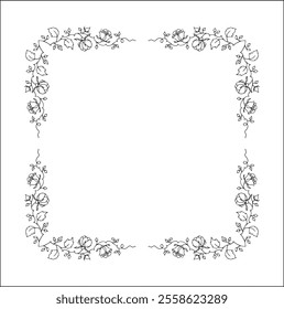 Vegetal floral frame with leaves and rose flowers, decorative corners for greeting cards, banners, business cards, invitations, menus. Isolated vector illustration.	
	
