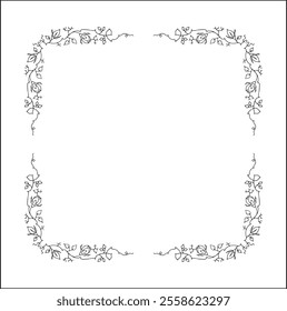 Vegetal floral frame with leaves and rose flowers, decorative corners for greeting cards, banners, business cards, invitations, menus. Isolated vector illustration.	
	
