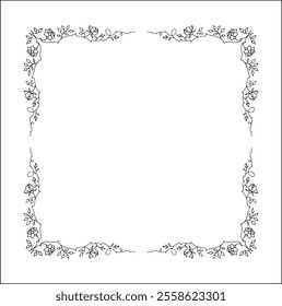 Vegetal floral frame with leaves and rose flowers, decorative corners for greeting cards, banners, business cards, invitations, menus. Isolated vector illustration.	
	
