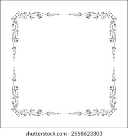 Vegetal floral frame with leaves and rose flowers, decorative corners for greeting cards, banners, business cards, invitations, menus. Isolated vector illustration.	
	
