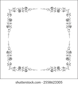 Vegetal floral frame with leaves and rose flowers, decorative corners for greeting cards, banners, business cards, invitations, menus. Isolated vector illustration.	
	
