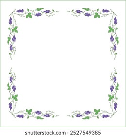 Marco vegetal con vid, racimos con uva azul, esquinas decorativas para tarjetas de felicitación, Anuncios, tarjetas de visita, invitaciones, menús. Ilustración vectorial aislada.	
