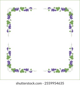 Vegetal frame with grapevine, bunches with blue grape, decorative corners for greeting cards, banners, business cards, invitations, menus. Isolated vector illustration.	

