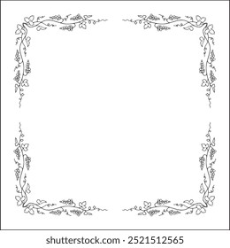Moldura vegetal com videira, cantos decorativos para cartões de saudação, banners, cartões de visita, convites, menus. Ilustração isolada de vetor.	