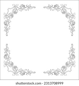 Vegetal ornamental frame with roses, decorative border for greeting cards, banners, invitations. Isolated vector illustration.