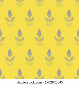 Vegetal seamless pattern in gray and yellow colors of the year 2021. Trendy vegetal pattern with gray color gradient sprigs and leaves on bright yellow background. Simple style. Vector illustration