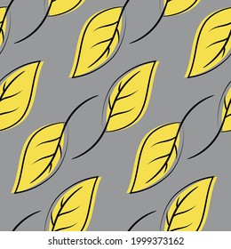 Vegetal seamless pattern in yellow and gray colors of the year 2021. Hand drawn trendy vegetal organic pattern with yellow plant leaves with black outline on a gray background. Vector illustration