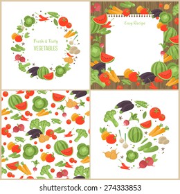 Vegetarian abstract set of pattern, recipe page and round compositions with vegetables.