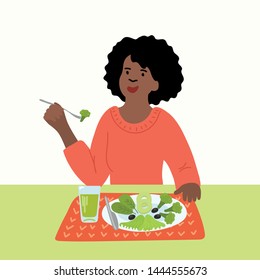 Vegetarian African American woman eating green vegetables. Vegan concept. Vector illustration.