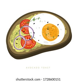 Vegetarian avocado toast. Fresh toasted bread with guacamole, tomatoes, onion and sesame. Isolated on white tasty sandwich for menu design. Healthy quick breakfast. Cute flat vector Illustration.