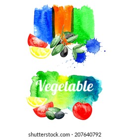 Vegetarian background. Eco food. Watercolor background. Vector. Can be used for wallpaper, background, pack, web page, banners, menu elements. Set.