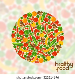 Vegetarian background. Healthy food. Beautiful circle with fruits, vegetables, berries and mushrooms on blurred background. Vector color illustration.