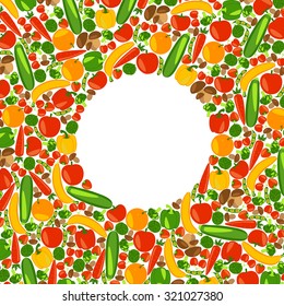 Vegetarian background. Healthy lifestyle. Beautiful background with fruits, vegetables, berries and mushrooms. Vector color illustration.