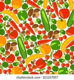 Vegetarian background. Healthy lifestyle. Beautiful background with fruits, vegetables, berries and mushrooms. Vector color illustration.