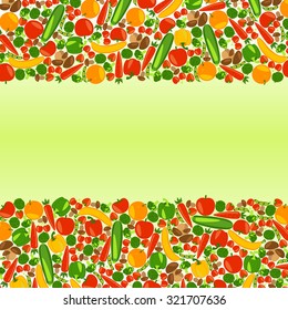 Vegetarian background with place for your text. Healthy lifestyle. Beautiful background with fruits, vegetables, berries and mushrooms. Vector color illustration.
