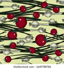 Vegetarian background. Seamless pattern background with green onions and red tomatoes. Vintage color engraving stylized drawing. Vector illustration