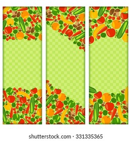 Vegetarian banners with place for your text. Healthy lifestyle. Beautiful backgrounds with fruits, vegetables, berries and mushrooms. Vector color illustration.
