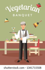 Vegetarian Banquet Catering Flat Vector Poster. Organic Food and Drinks. Table with Snacks, Appetizers and Desserts. Vegan French Cafe, Bistro, Restaurant. Waiter Service Flyer Design Layout
