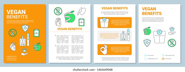 Vegetarian benefits brochure template layout. Vegan lifestyle advantages flyer, booklet print design with linear illustrations. Vector page layouts for magazines, annual reports, advertising posters