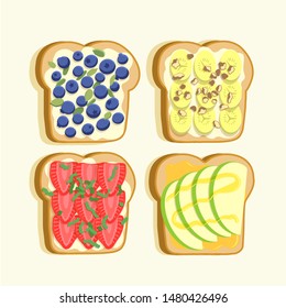 Vegetarian bread toast for breakfast with fruit. Blueberries and pumpkin seeds, strawberries, bananas and walnuts, apples and honey. Vector illustration.