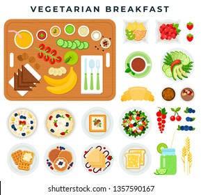 Vegetarian breakfast, set of colorful elements. Vegetables, fruits, berries, pastries, muesli, drinks. Concept for vegetarian, dieting, weight loss, keeping fit, healthy eating. Vector illustration.