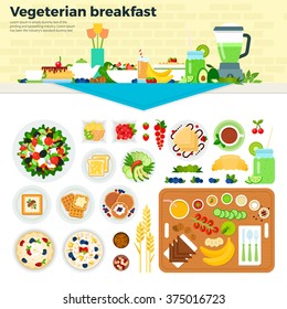 Desayuno vegetariano ilustraciones planas vectoriales. Desayuno vegetariano en la mesa con mantel. Concepto de alimentación saludable. Ensalada, verduras, frutas y pasteles aislados de fondo blanco