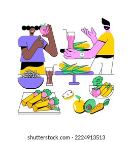 Ilustraciones de vectores de dibujos animados aislados en forma de bufé vegetariano. Grupo de personas felices cenando en bufé vegetariano, diversidad de comida en la mesa, comiendo en restaurante juntos vectores cartoon.