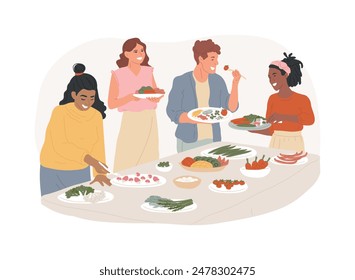 Buffet vegetariano aislado de Ilustraciones vectoriales de dibujos animados. Grupo de gente feliz cenando en un buffet vegetariano, comida variada en la mesa, comiendo fuera en el Vector juntos caricatura.