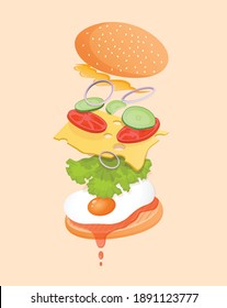 Vegetarier-Burger mit fliegenden Zutaten wie Ei, Ketschup, Salat, Tomate, Gurken, Zwiebeln, Sauce und Käse. Vektorflache Illustration von Fast-Food-Burger für Plakat, Werbung, Menü, Web