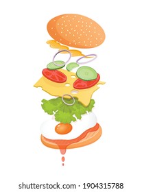 Vegetarian burger with flying ingredients such as egg, ketchup, lettuce, tomato, cucumber, onion, sauce and cheese. Vector flat illustration of fast food burger for poster, advertisement, menu, web