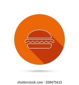 Vegetarian burger icon. Healthy fast food sign. Burger symbol. Round orange web button with shadow.