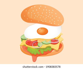 Vegetarian burger with ingredients such as egg, ketchup, lettuce, tomato, cucumber, onion, sauce and cheese. Vector flat illustration of fast food burger for poster, advertisement, menu, web