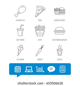 Vegetarian burger, pizza and soft drink icons. Coffee, ice cream and chips fries linear signs. Chicken leg, carrot icons. Report file, Graph chart and Chat speech bubble signs. Vector