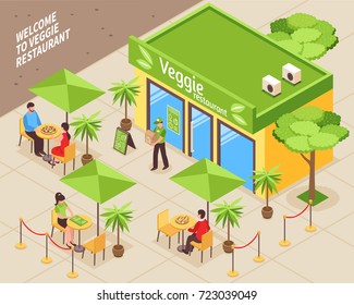 Vegetarian cafe isometric background with visitors of veggie restaurant sitting outdoor at tables under umbrellas vector illustration  