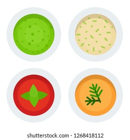 Vegetarian Carrot, Tomato, Ginger And Pesto Sauce In Bowls Top View Vector Flat Icon Isolated On White