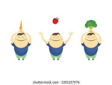 Vegetarian cartoon character. Vector illustration of Vegan. Vegan icons set. Cartoon character guy with vegetables