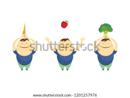 Vegetarian cartoon character. Vector illustration of Vegan. Vegan icons set. Cartoon character guy with vegetables