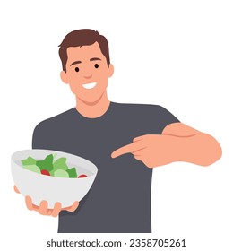 Vegetarian character. A man is holding a salad bowl and thumbs up. Flat vector illustration isolated on white background