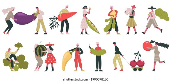 Vegetarian characters. People carrying raw ingredients, vegetable fruits, organic healthy food vector illustration set. Healthy vegetarian. Vegetarian delicious carrying ingredient, vegetable natural